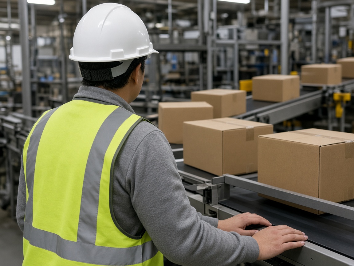 Sample photo texted by the caller: a worker at a packaging line wearing a hard hat and high-visibility vest, hands bare.